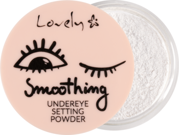 Lovely Smoothing Under Eye Setting Powder, różowe wieczko z grafiką oczu, widok z góry na biały puder.