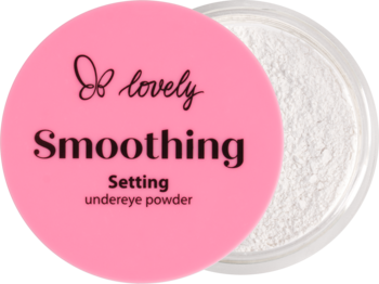 Lovely Smoothing Undereye Powder w okrągłym, różowym słoiczku z białym pudrem, widok z góry.