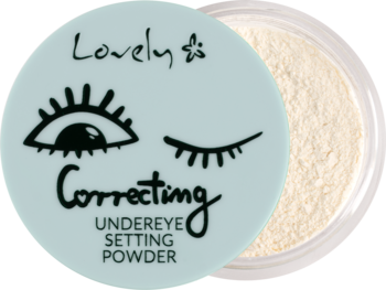 Jasnoniebieski sypki puder Lovely Correcting Under Eye w otwartym okrągłym opakowaniu z czarnymi oczami na wieczku.