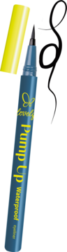 Wodoodporny eyeliner Lovely Pump Up, niebieski, z żółtą zatyczką obok, czarna precyzyjna końcówka.