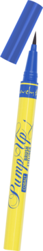 Kobaltowy eyeliner Sumi-E z żółtą obudową i niebieską skuwką obok, widok z bliska na precyzyjny pędzelek.