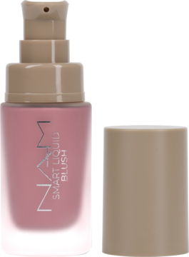 Róż w płynie NAM Smart Liquid Blush w pudrowym odcieniu, w matowej butelce z pompką, z otwartą nakrętką.