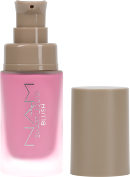 NAM Smart Liquid Blush, płynny róż w matowej różowej butelce z beżową pompką i zakrętką.