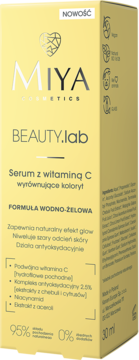 Miya Beauty.lab Serum z witaminą C do wyrównywania kolorytu, żółte opakowanie kartonowe, widok z przodu.