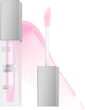 Półtransparentny błyszczyk Color Water pH-reaktywny, różowy, butelka i aplikator obok błyszczącego śladu.