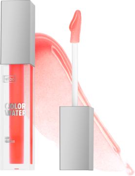 Koralowy błyszczyk V'ibe Color Water, półtransparentny, pH-reagujący, opakowanie i aplikator z widoczną smugą.