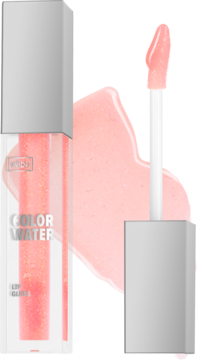 Półtransparentny błyszczyk do ust Color Water reagujący na PH, z lśniącymi drobinkami, aplikator obok smugi.