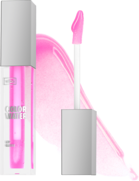 Półtransparentny błyszczyk do ust Color Water, neonowy róż. Zbliżenie na otwartą butelkę, aplikator i błyszczącą smugę.