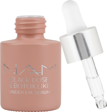 NAM Black Rose & Botox Like serum w matowej, brzoskwiniowej butelce z kroplomierzem, widok pod kątem.