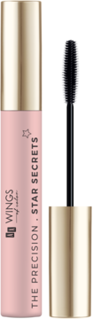 Różowa mascara Wings of Color The Precision Star Secrets z złotymi elementami i wyciągniętą czarną szczoteczką.
