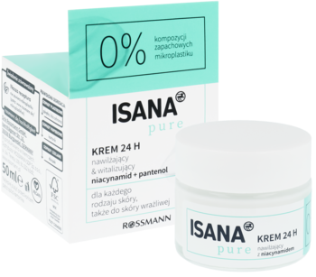 Isana Pure 24H krem nawilżający z niacynamidem, pantenolem; biały słoiczek obok otwartego pudełka teal.