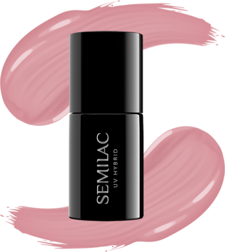 Semilac UV Hybrid lakier do paznokci Delicate Coral, czarna butelka na tle różowej smugi.