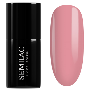 Semilac UV Gel Polish Delicate Coral, black bottle and a glossy, semi-transparent pinkish-coral nail swatch.