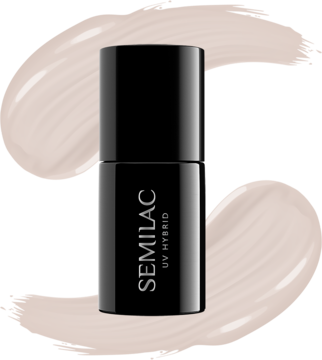 Semilac UV Hybrid Second Skin Nude, czarna butelka lakieru do paznokci na tle beżowej smugi.
