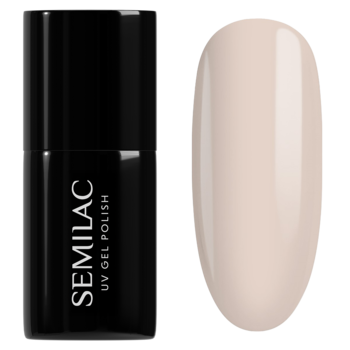 Semilac UV Gel Polish Second Skin Nude: czarna butelka obok wzornika paznokcia z półtransparentnym, chłodnym beżem.