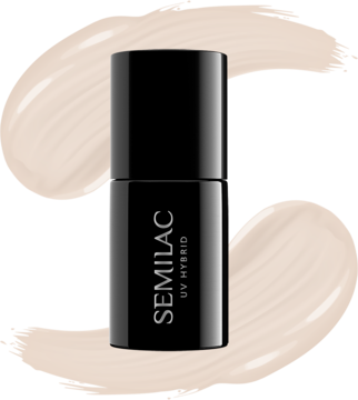 Semilac Just Nude UV Hybrid, czarny flakon, widok frontalny, półtransparentny beżowy lakier na kremowym, swirlowym tle.