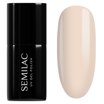 Widok z przodu czarnej butelki Semilac Just Nude UV gel polish i półtransparentnego beżowego swatcha.