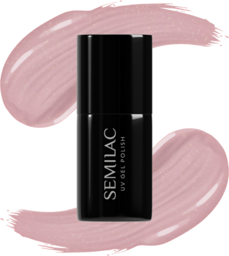 Semilac Pink Diamond UV Gel Polish w czarnej butelce, na tle jasnoróżowych smug lakieru z poświatą.