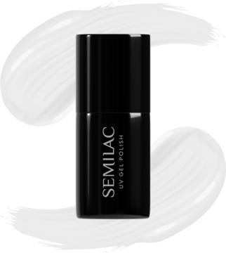 Butelka czarnego lakieru hybrydowego Semilac UV Gel Polish na białym tle. Widok z przodu.