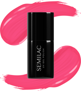 Semilac UV Gel Polish Friendly Magenta, czarna butelka widoczna z przodu, na tle różowego lakieru.