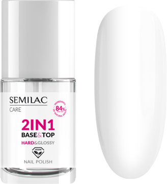 Semilac Care 2w1 Baza & Top Hard&Glossy, butelka 84% składników naturalnych, obok biały lśniący wzornik.