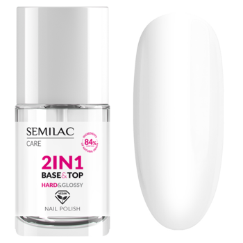 Baza i top Semilac Care 2w1 Hard & Glossy, przezroczysta butelka z białym korkiem obok błyszczącego białego wzornika.