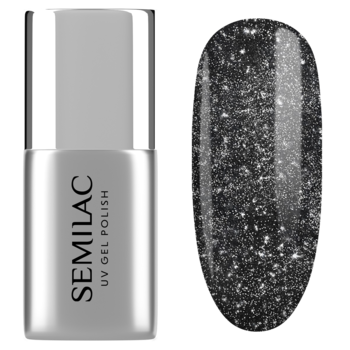 Semilac Top Flash ON UV Gel Polish: srebrna butelka i czarny wzornik z błyszczącymi, srebrnymi drobinkami flash.