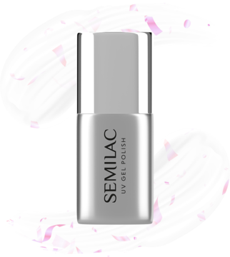 Srebrna butelka Semilac Top Flower Flakes UV Gel Polish z czarnym napisem, na tle białych pociągnięć pędzla z różowymi płatkami.