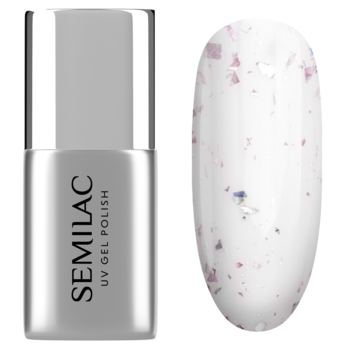 Semilac Top Flower Flakes No Wipe, butelka i swatch z liliowo-srebrnymi, holograficznymi płatkami na białym tle.