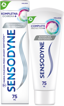 Sensodyne Complete Protection+ Advanced Whitening pasta do zębów 75 ml, biała tubka i kartonik obok siebie.