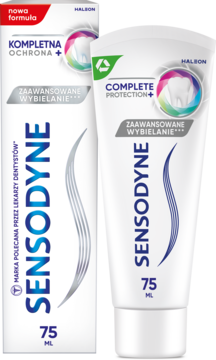 Pasta Sensodyne Kompleksowa Ochrona+ Zaawansowane Wybielanie, biała tubka 75ml z niebieskimi falami i kartonik.