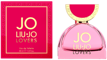 Hot pink Liu Jo Lovers Eau de Toilette box and light pink bottle, front view, with gold text, side by side.