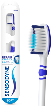 Sensodyne Odbudowa i Ochrona Soft, biało-niebieska szczoteczka w opakowaniu i zbliżenie na miękką główkę.