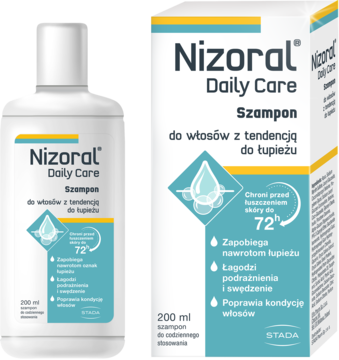 Nizoral Daily Care Szampon przeciwłupieżowy w białej butelce i kartonie, z niebieskimi detalami, widok z przodu.