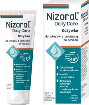 Nizoral Daily Care odżywka do włosów z tendencją do łupieżu w białej tubce i pudełku obok siebie.