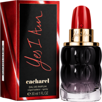 Cacharel Yes I Am woda perfumowana: butelka z ciemnego szkła z czerwoną nakrętką obok czerwono-czarnego pudełka.
