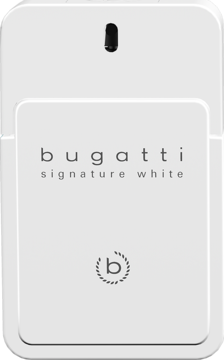 Biała zawieszka zapachowa Bugatti Signature White, widok z przodu, z czarnym napisem i logo "b".