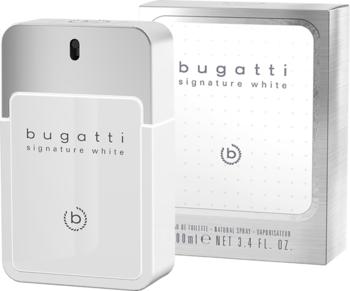 Perfumy Bugatti Signature White, biała prostokątna butelka z srebrną nakładką, widok z przodu, obok pudełka.