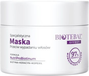 Biały słoik Biotebal Effect Maska Przeciw Wypadaniu Włosów, z fioletowym logo NutriProBiotinum.