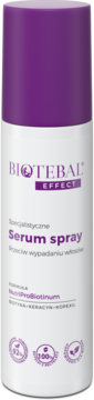 Biotebal Effect Serum spray do włosów przeciw wypadaniu, biała butelka z fioletową zakrętką, widok z przodu.