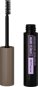 Otwarta maskara do brwi Maybelline Express Brow w czarnej tubie z brązową nakrętką i widoczną szczoteczką.