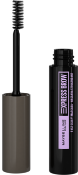 Maybelline Express Brow modelująca maskara, czarna tuba z fioletową etykietą i wysuniętą szczoteczką.