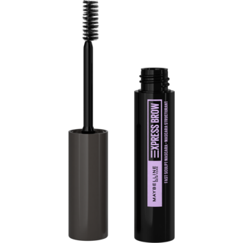 Maybelline Express Brow Sculpt: otwarta maskara do brwi, czarna tubka, fioletowa etykieta i szczoteczka.