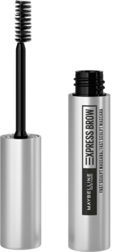 Maybelline Express Brow: modelująca maskara do brwi w srebrnej tubie, z wyjętym czarnym aplikatorem.