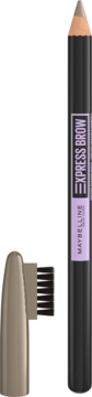 Kredka Maybelline Express Brow Shaping Pencil w kolorze jasnego beżu, ze zdjętą nasadką ukazującą szczoteczkę.