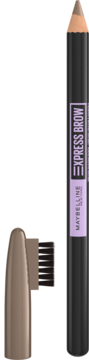 Maybelline Express Brow Shaping Pencil: ciemna kredka do brwi z beżową końcówką, obok nakładka ze szczoteczką.