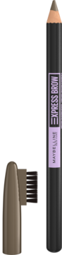 Maybelline Express Brow kredka do brwi ze szczoteczką, szara, z fioletową etykietą, brązowa końcówka i odłączony grzebień.