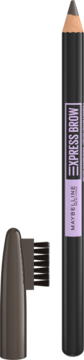 Maybelline Express Brow kredka do brwi w kolorze ciemnym, pionowo. Obok odczepiona skuwka i szczoteczka.