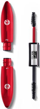 Czerwony tusz L'Oréal PRO XXL LIFT, rozłożony, z dwiema czarnymi szczoteczkami. Widok produktu z przodu.
