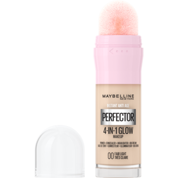 Maybelline Perfector 4-in-1 Glow, beżowy podkład z różową gąbeczką na górze, pionowo, widok z przodu.